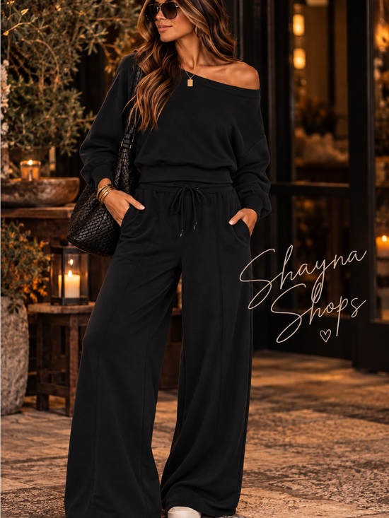 Zenana Outfitters Pants - Zenana Black Scuba Cropped Boat Neck Pullover & Wide Leg Pants Set